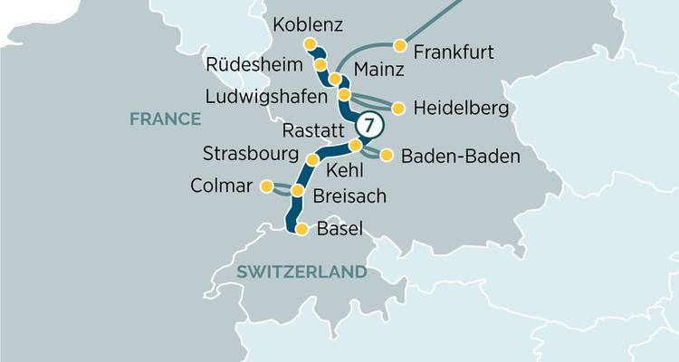 Regional map detailing a circular Rhine and France cruise route including Heidelberg and Colmar.