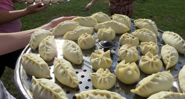 Close-up tray of uncooked Mongolian dumplings (buuz) arranged in neat rows outdoors