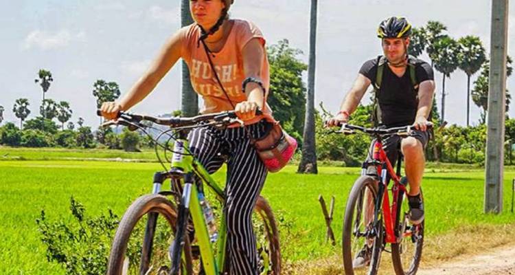 Un couple à vélo passant devant des rizières d'un vert éclatant par une journée ensoleillée.