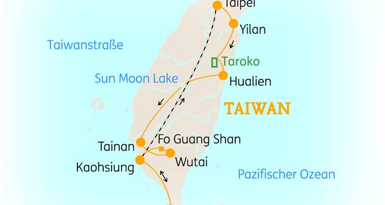 Illustrierte Reiserouten-Karte von Taiwan mit wichtigen Haltestellen und Flugstrecken.