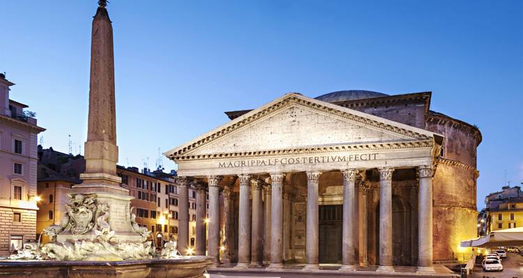 Evening blue hour shot of the Pantheon and its fountain in Rome’s Piazza della Rotonda.