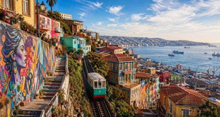Bright funicular clings to a vibrant mural-covered stairway overlooking Valparaiso’s bustling harbor.