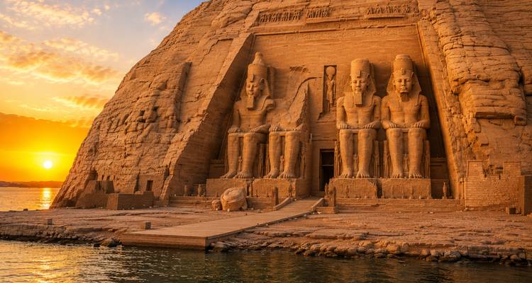Majestic rock-cut statues of Abu Simbel illuminated by a warm sunrise over the lake.