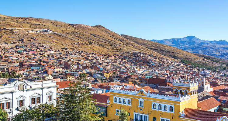 Panoramic view over the historic mining city sprawled across arid hillsides under a clear blue sky.