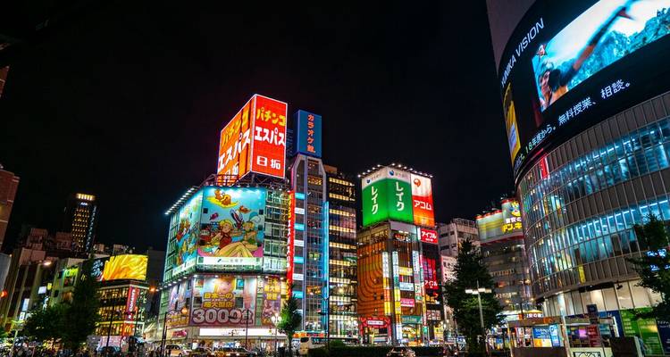 La ligne d'horizon néon de Tokyo éblouit la nuit avec ses panneaux publicitaires imposants et ses rues animées en contrebas.