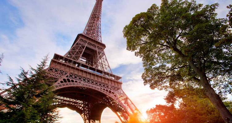 Low-angle view of the Eiffel Tower with sunburst through trees at golden hour