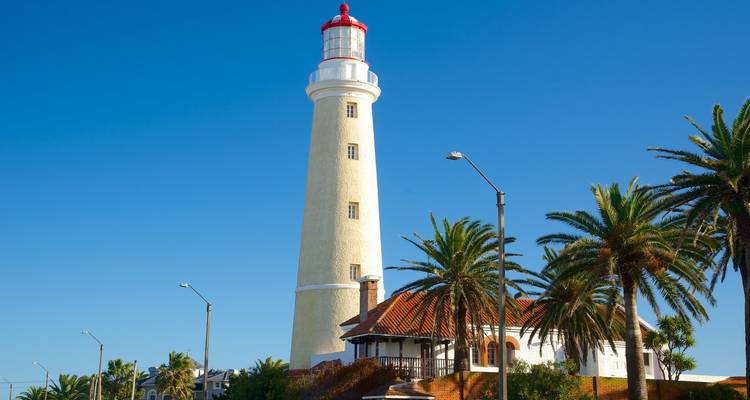 Tall cream-colored lighthouse with red lantern rises beside palm trees against a cloudless blue sky.