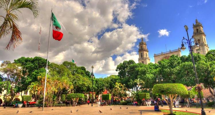 Openbaar plein in Mérida met verzorgde bomen, mensen die relaxen en een grote Mexicaanse vlag die onder de wolken wappert.