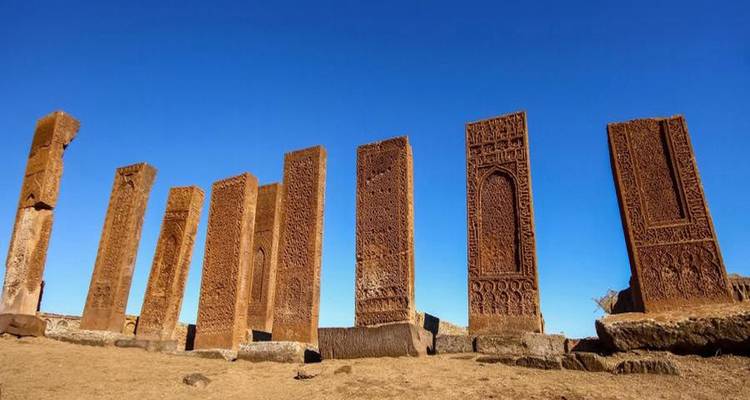 Row of tall, ornate Seljuk tombstones standing upright against clear blue sky.