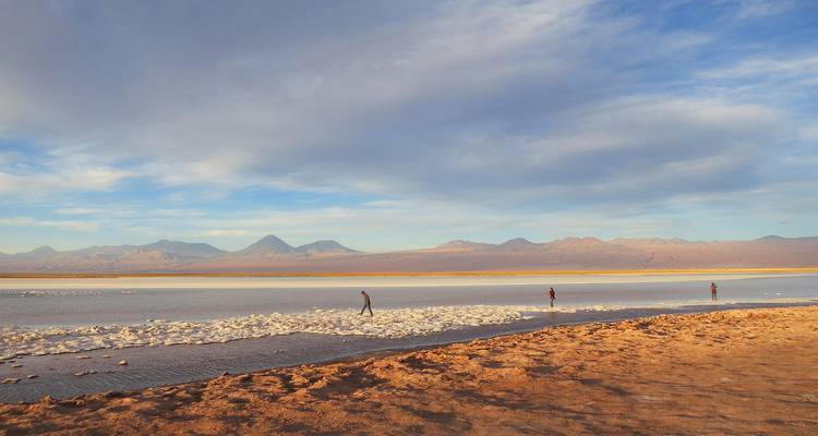 Wide view of Atacama salt flat with scattered visitors walking along the crystal shoreline under a vast sky.