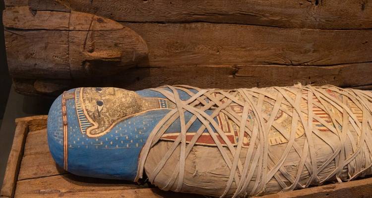 Wrapped ancient Egyptian mummy with painted mask rests in a wooden crate on display.