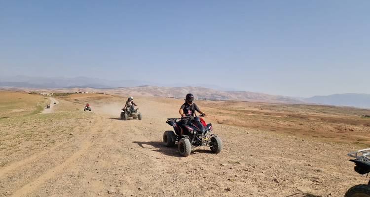 Several quad bikers spread out across a wide, arid plain with dusty tracks under a clear blue sky