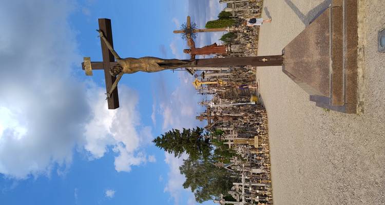 Large crucifix in foreground overlooking the dense collection of wooden crosses at the Hill of Crosses.