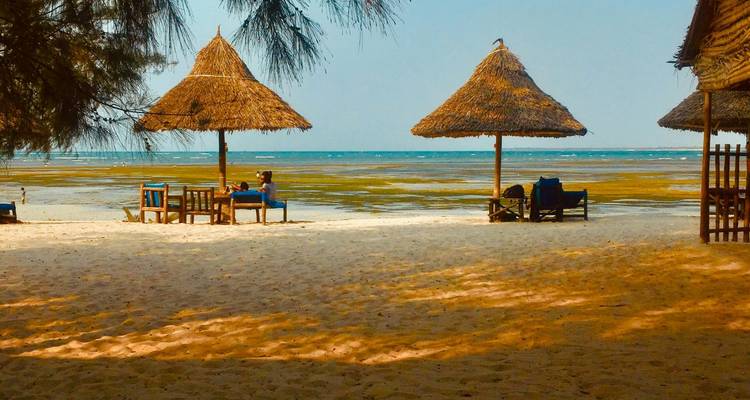 Quiet tropical beach with thatched umbrellas, wooden chairs and calm turquoise sea.