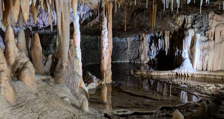 Intérieur d'une grotte calcaire avec des stalactites, des stalagmites et un bassin réfléchissant dans une lumière tamisée.