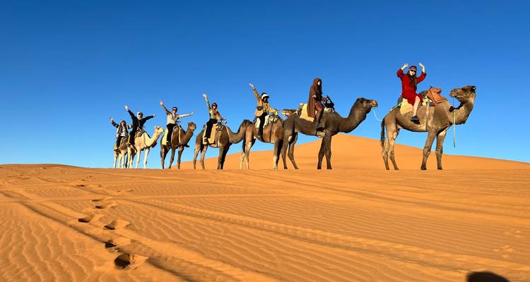 A long line of tourists ride camels along an orange dune crest beneath a clear blue sky.
