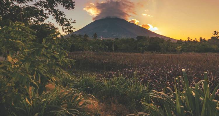 Lumière du coucher de soleil sur un volcan conique fumant s'élevant au-dessus de champs ruraux et de plantes tropicales.