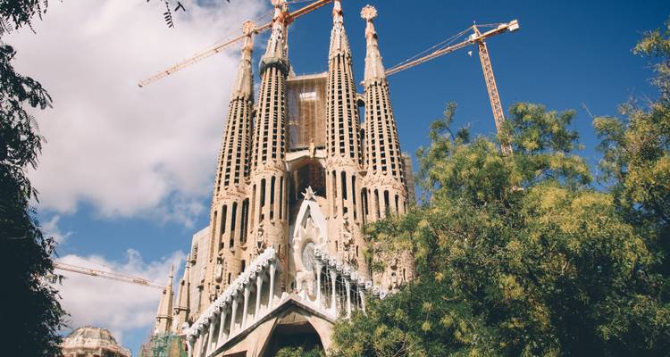 La basilique de la Sagrada Familia avec des grues de construction s'élevant au-dessus d'arbres luxuriants sous un ciel bleu éclatant.