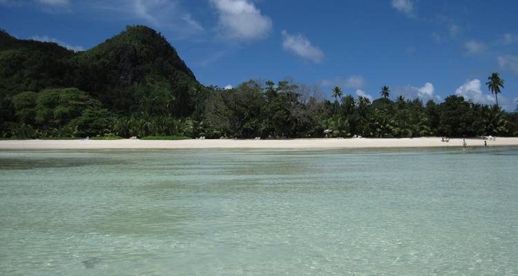 Crystal-clear shallow water fronts a wide palm-lined sandy beach and green hillside