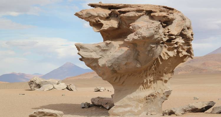 Una formación rocosa esculpida por el viento que parece sacada de un sueño se eleva en las llanuras desérticas del Altiplano boliviano de gran altitud.