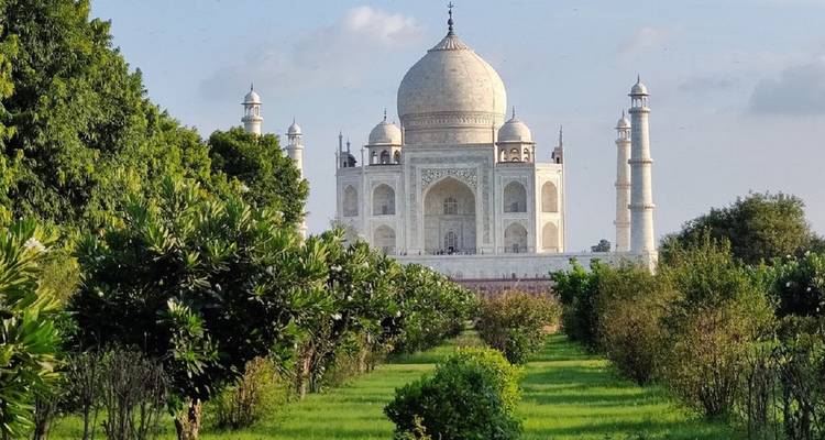 Vue classique de face du Taj Mahal encadrée par de luxuriants jardins verdoyants et des arbres.