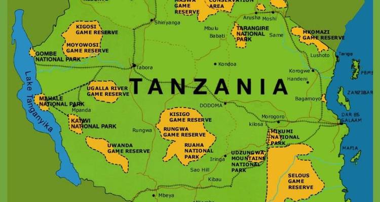 Carte illustrée de la Tanzanie mettant en évidence les parcs nationaux et les réserves de gibier.