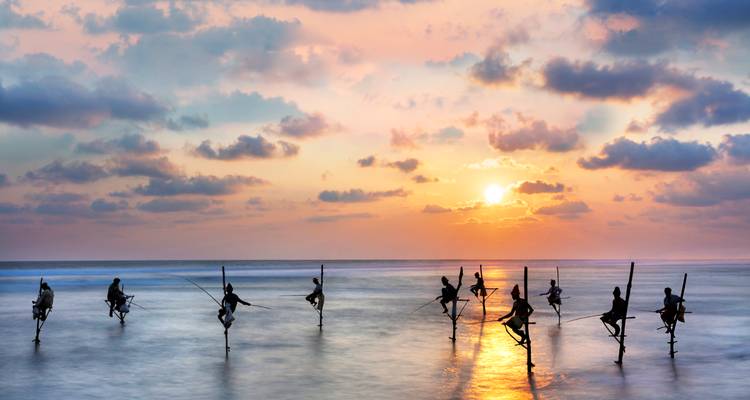 Traditionele steltvissers afgetekend tegen een kleurrijke oceaanzonsondergang in Sri Lanka