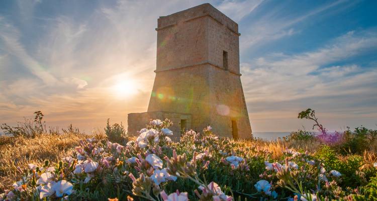 Stone watchtower silhouetted by a warm setting sun with wildflowers in bloom in the foreground