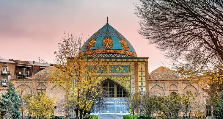 Colorful tiled dome and ornate façade of the Blue Mosque framed by autumn trees at dusk.