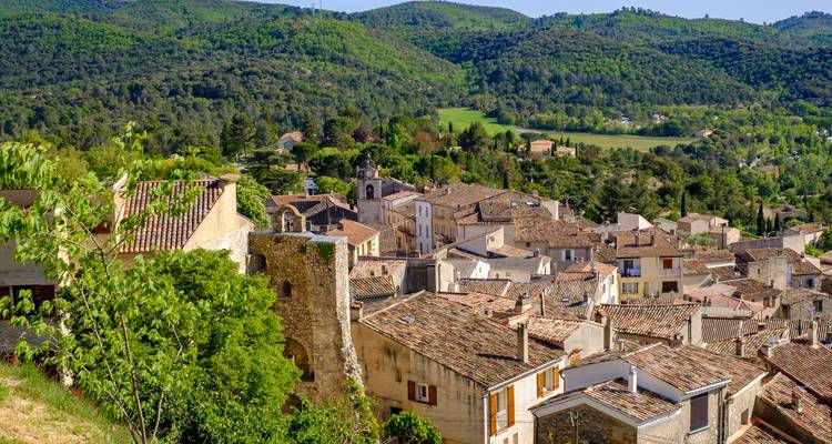 Quaint Provençal village rooftops nestled among forested rolling hills.
