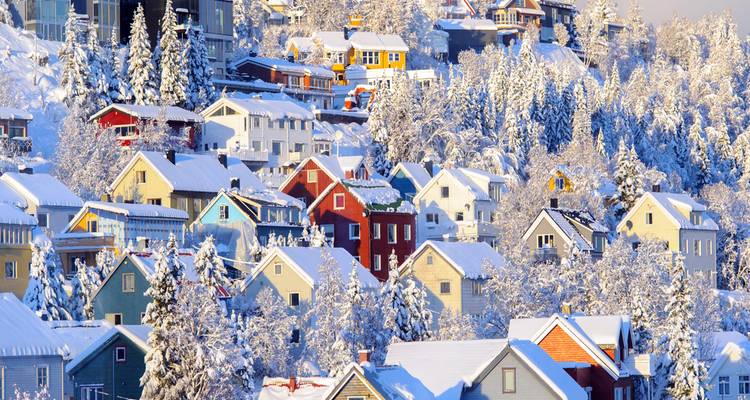 Pueblo cubierto de nieve con casitas de madera de colores vivos rodeado de árboles escarchados bajo el brillante sol de invierno.
