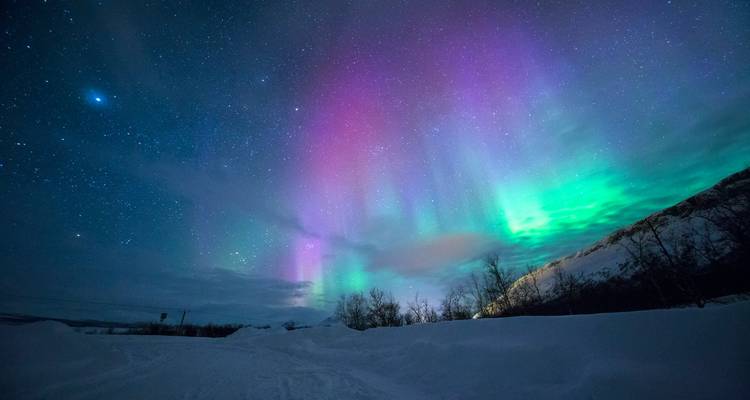 Brillante aurora boreal dibujando franjas verdes, púrpuras y rosas en un cielo ártico estrellado sobre un terreno nevado.