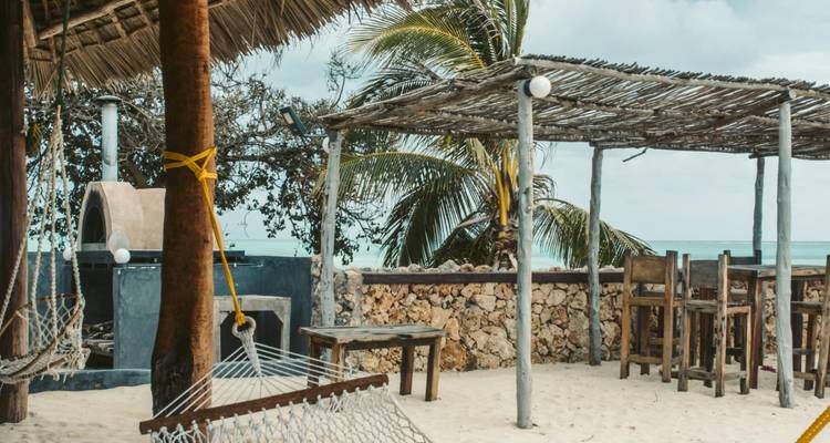 Rustieke strandbar met hangmatten en houten meubels onder een rieten afdak, met uitzicht op zee.