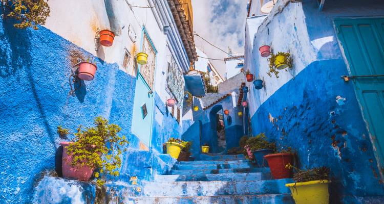 Kleurrijke bloempotten staan langs een steile, blauw geschilderde trap in de medina van Chefchaouen.
