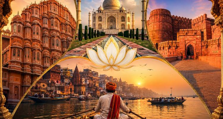 Vibrant collage featuring the Taj Mahal, Jaipur's Hawa Mahal, Red Fort and a boatman on the Ganges at sunrise.