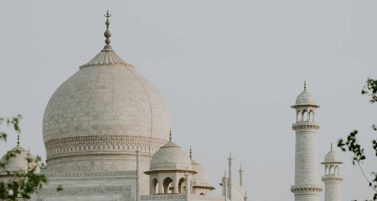 Minimalist side profile of the Taj Mahal's white marble dome and minarets against a pale sky.