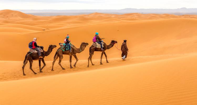 Un guide conduisant trois touristes sur des chameaux à travers des dunes de sable ondulantes sous un ciel couvert