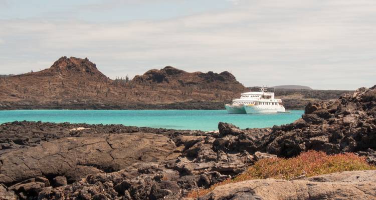 White expedition yacht anchored in a turquoise lagoon surrounded by stark black lava fields in the Galapagos.