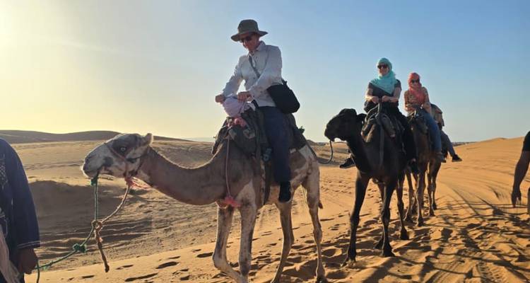 Una pequeña caravana de camellos llevando turistas a través de las doradas dunas del Sahara bajo la luz de la tarde.