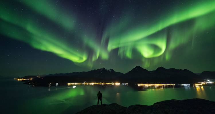 Silhouetted figure stands above fjord as vivid green northern lights swirl across starry sky.
