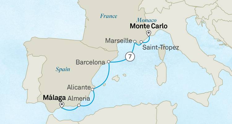Mapa de ruta ilustrado que muestra el itinerario de crucero desde Málaga hasta Montecarlo pasando por puertos del Mediterráneo.