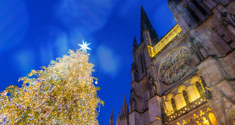 Las luces del árbol de Navidad brillan iluminando la fachada de la Catedral de Burdeos contra un profundo cielo azul oscuro