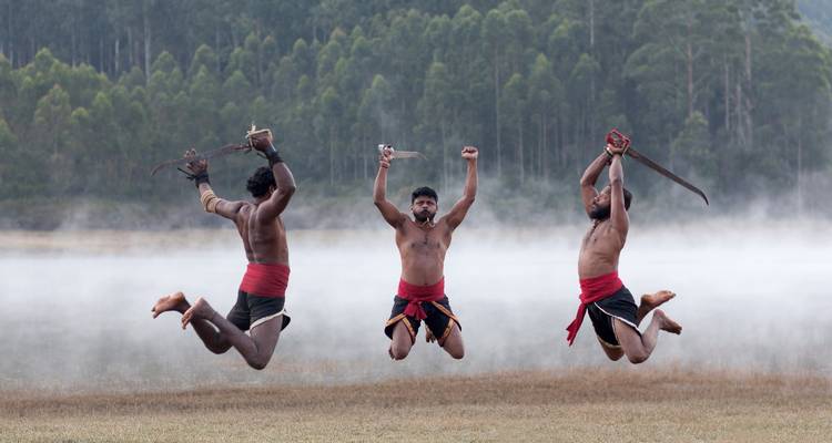 Drie martial artists springen tegelijkertijd omhoog met geheven zwaarden tegen een mistige bosachtergrond.