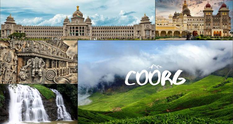 Collage of Karnataka attractions with large overlay text reading 'COORG' across a misty tea hill image.