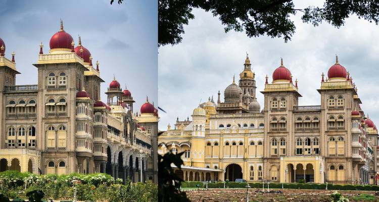 Afbeeldingen naast elkaar laten de koepelvormige rode torens en gevels van Mysore Palace onder verschillende luchten zien.