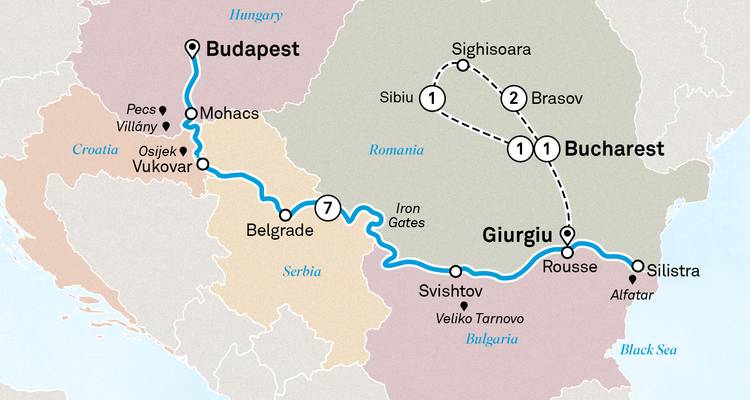 Illustrated route map of a Danube cruise from Budapest to the Black Sea with highlighted stops.