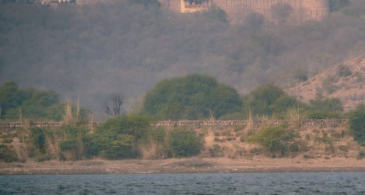Répétition de la vue brouillée du lac avec des arbustes secs et un arrière-plan de mur de fort flou