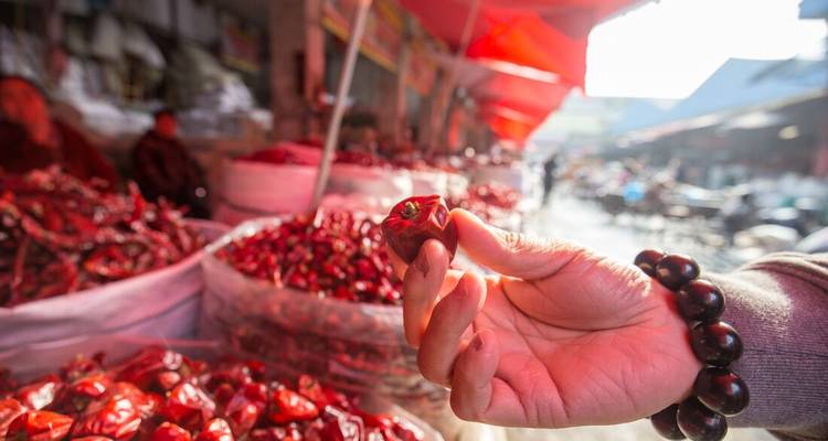 Hand holding a dried chili in a bustling open-air spice market filled with sacks of red peppers.