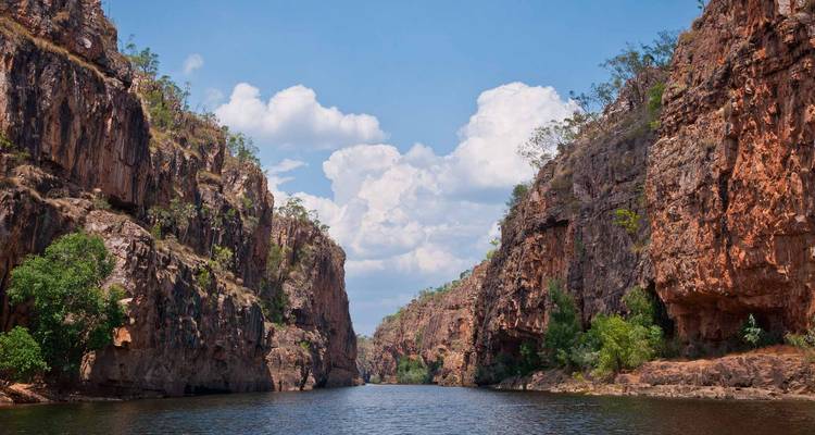Steep red rock walls of Katherine Gorge rise above a calm river under a blue sky with cumulus clouds.
