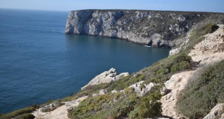 Slightly out-of-focus image of rugged cliffs above a calm blue bay